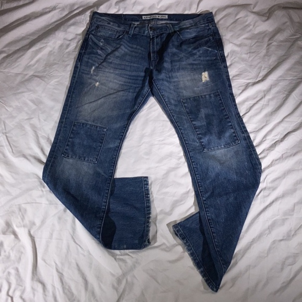 Express Mens Jeans Blue Rocco Slim Fit Boot Cut Patched Knee Faded Hippie Casual